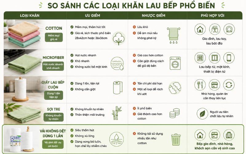So sánh 5 loại khăn lau bếp phổ biến hiện nay