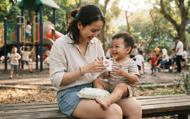 Mẹ lau tay cho bé để phòng tay chân miệng cho bé khi đi chơi