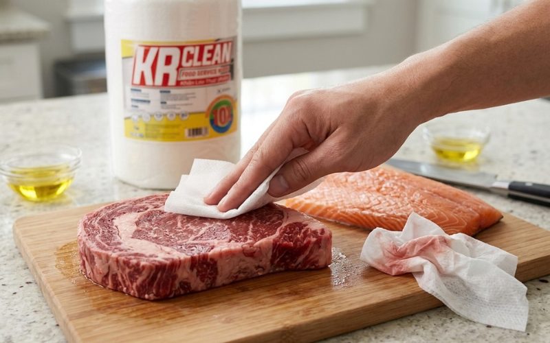 khăn lau thực phẩm thấm nước trên miếng cá,thịt tươi